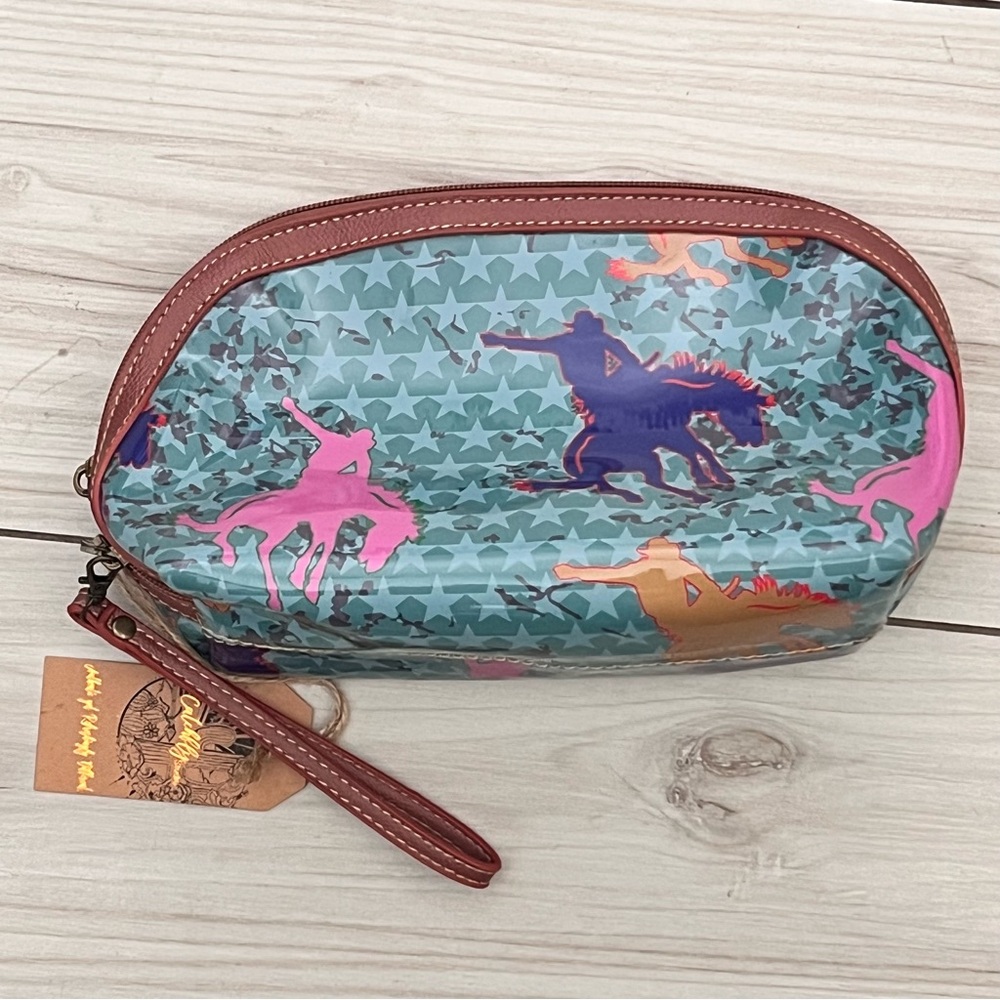 Catchfly Teal Cosmetic Make up Bag Western Rodeo Horse Theme New with Tag
